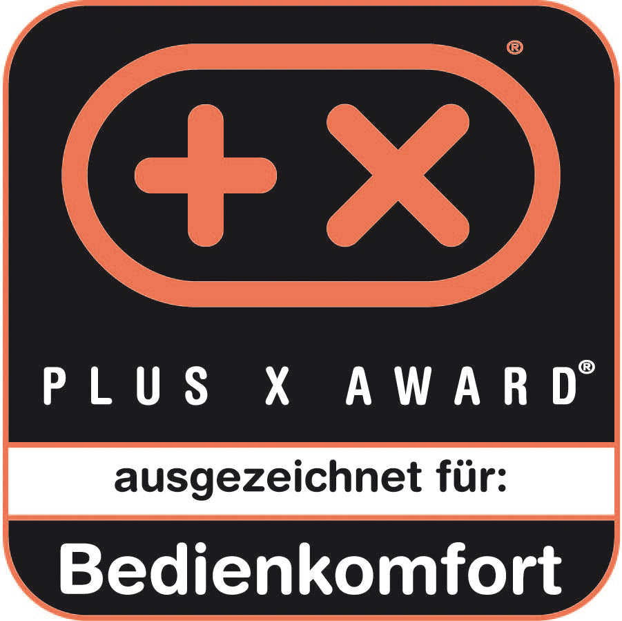 Das Plus X Award-Logo für das Asia-Fondue von Unold zeigt orangefarbene Symbole und Ränder auf schwarzem Hintergrund sowie den Text „Ausgezeichnet für: Bedienkomfort“, der auf die Auszeichnung für Bedienkomfort hinweist.