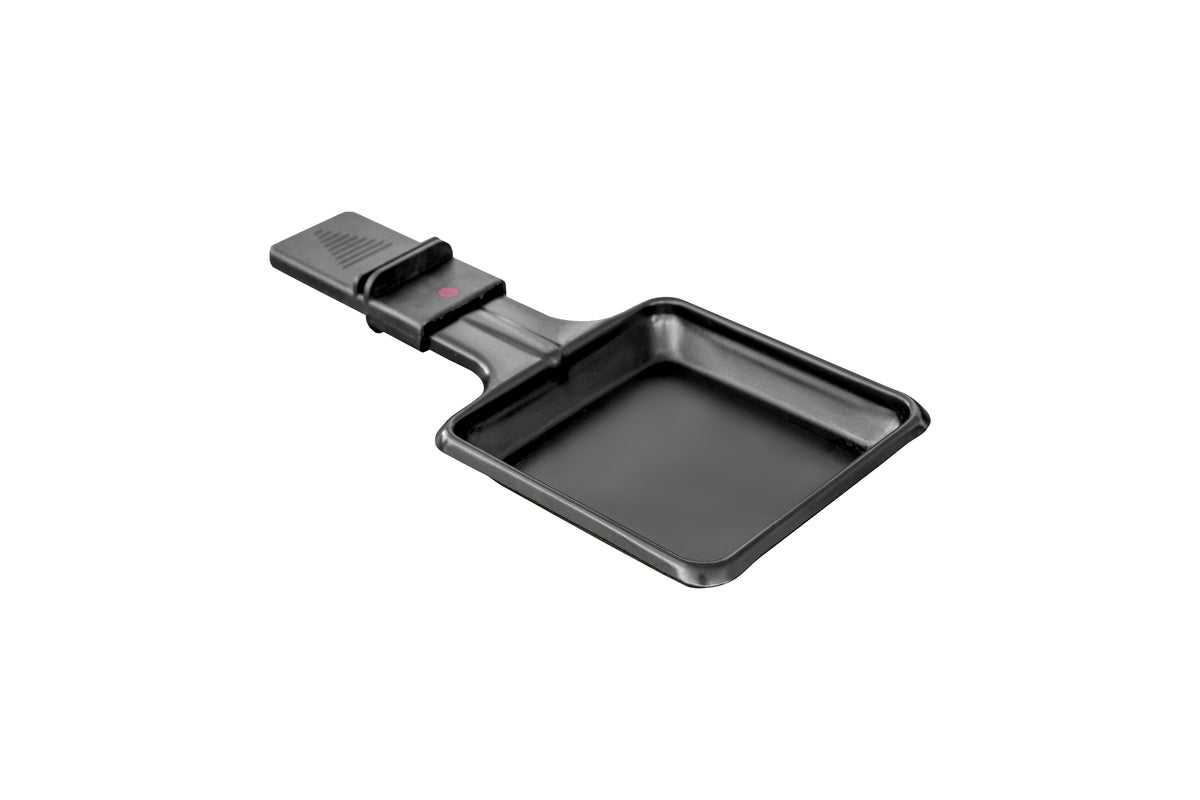Das Unold Raclette Extendable ist eine kleine, schwarze, rechteckige Antihaft-Bratpfanne mit flachem Boden und Griff, abgebildet auf weißem Hintergrund.
