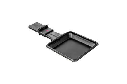 Das Unold Raclette Extendable ist eine kleine, schwarze, rechteckige Antihaft-Bratpfanne mit flachem Boden und Griff, abgebildet auf weißem Hintergrund.