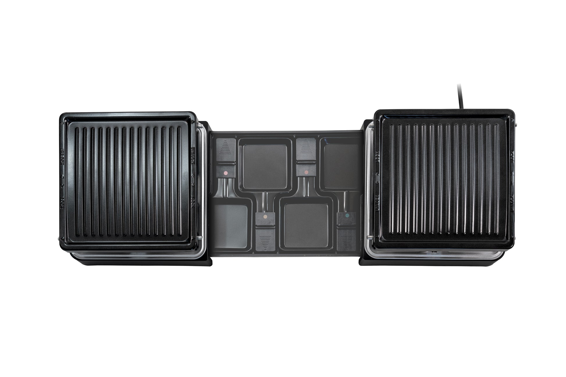 Draufsicht des ausziehbaren Elektrogrills Unold Raclette mit zwei gerippten Grillplatten, einem zentralen Bedienfeld mit Tasten und Kontrollleuchten, auf weißem Hintergrund.