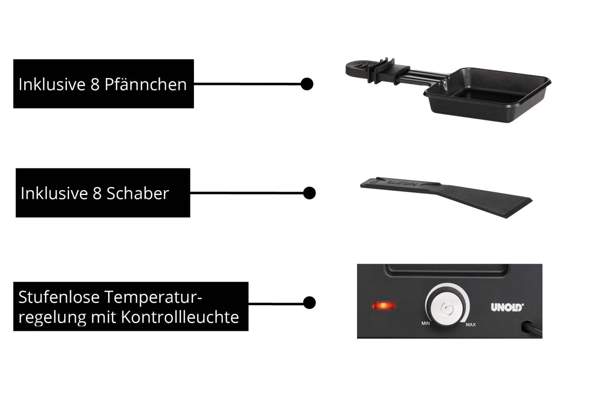 Das Unold Raclette Delice Basic verfügt über 8 Pfännchen, 8 Schaber und ein Bedienfeld mit stufenlosem Temperaturregler und Kontrollleuchte.