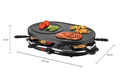 Der Unold Raclette Gourmet Elektro-Indoorgrill mit Antihaftbeschichtung grillt Steak, Gemüsespieße, Kirschtomaten und Paprika. Vier Pfännchen darunter enthalten das Grillgut. Maße: 47,5 cm x 32 cm x 12 cm.