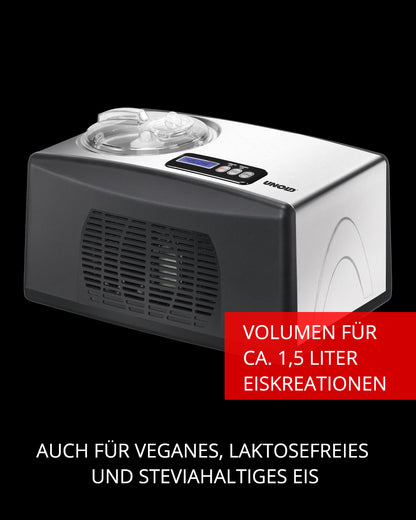 Unold Eismaschine Cortina 1,5 L: Moderne silberne Eismaschine mit Digitalanzeige. 1,5 Liter Fassungsvermögen, perfekt für vegane, laktosefreie & Stevia-Rezepte. Schwarzer Hintergrund mit kräftigem rot-weißem Text.