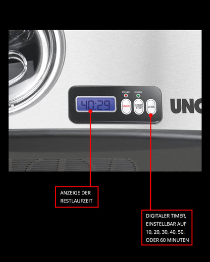 Nahaufnahme der Unold Eismaschine Cortina inklusive Eisbuch, 1,5 l, Edelstahlgehäuse, digitaler Timer mit Anzeige 40:29, beschriftete Tasten und deutscher Text mit Beschreibung der Timer- und Restzeitanzeigefunktionen.