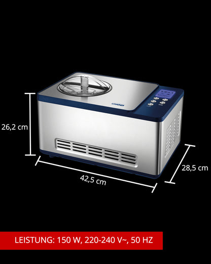 Die Unold Eismaschine Schuhbeck Exklusiv inklusive Eisbuch 1,5 L in Silber und Blau verfügt über einen transparenten Deckel. Abmessungen: 42,5 x 28,5 x 26,2 cm (B x T x H). Leistung: 150 W, 220-240 V~, 50 Hz.