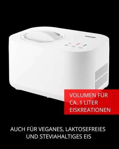 Eine weiße Unold Eismaschine Snow inklusive Eisbuch 1 L auf schwarzem Hintergrund, mit Text, der auf das Fassungsvermögen von 1 Liter und die Eignung für veganes, laktosefreies und mit Stevia gesüßtes Eis hinweist.