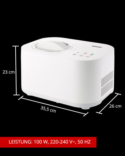 Weiße UNOLD-Eismaschine, Maße: 23 x 35,5 x 26 cm, 100 W, 220-240 V, 50 Hz, mit Bedienknöpfen und Lüftungsgitter. Ergänzt die UNOLD-Reihe für Eiscreme-Zubereitung in der Küche.