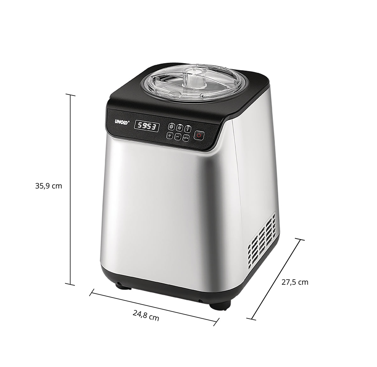 Die Unold Eismaschine Uno inklusive Eisbuch 1,2 L ist eine silber-schwarze Eismaschine mit durchsichtigem Deckel, Digitalanzeige, Bedientasten und ist 35,9 cm hoch, 24,8 cm breit und 27,5 cm tief.