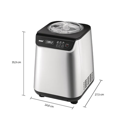 Die Unold Eismaschine Uno inklusive Eisbuch 1,2 L ist eine silber-schwarze Eismaschine mit durchsichtigem Deckel, Digitalanzeige, Bedientasten und ist 35,9 cm hoch, 24,8 cm breit und 27,5 cm tief.