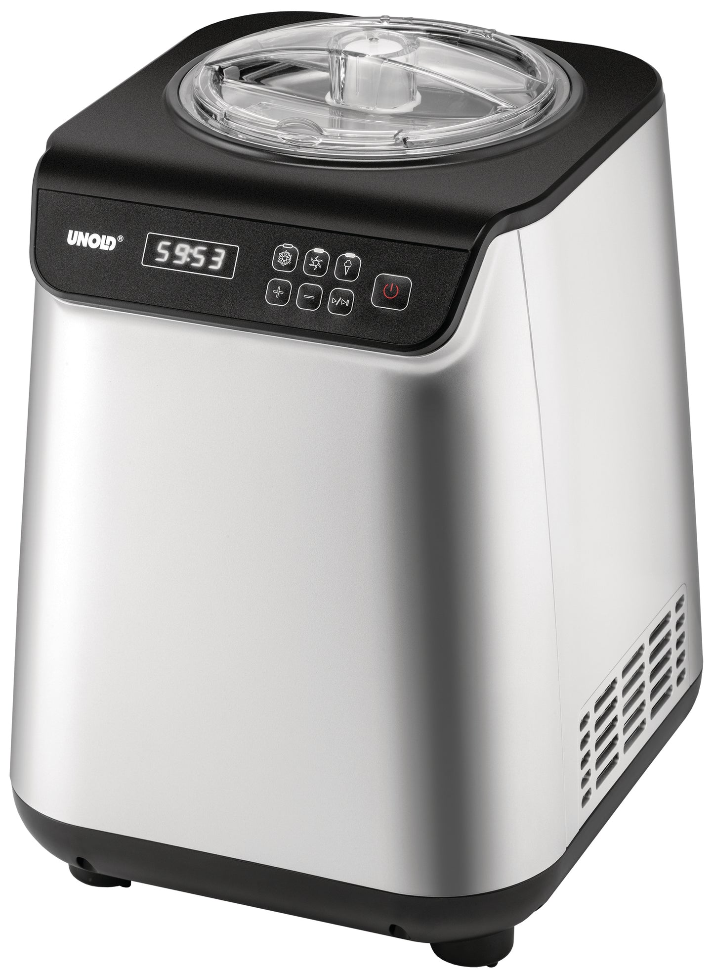 Die Unold Eismaschine Uno inklusive Eisbuch 1,2 L ist eine silber-schwarze elektrische Eismaschine mit Digitalanzeige, Bedientasten und transparentem Deckel. Das Unold-Logo ist auf der Vorderseite sichtbar.
