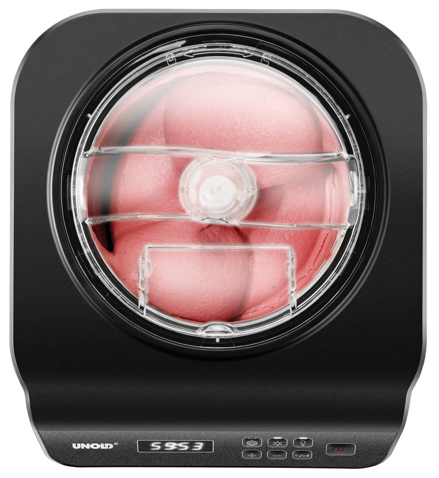 Draufsicht auf die Unold Eismaschine Uno inklusive Eisbuch 1,2 L in Schwarz. Durch den transparenten Deckel ist das Rühren von rosa Eis sichtbar. Das Bedienfeld mit Digitalanzeige und Tasten befindet sich an der Vorderseite.