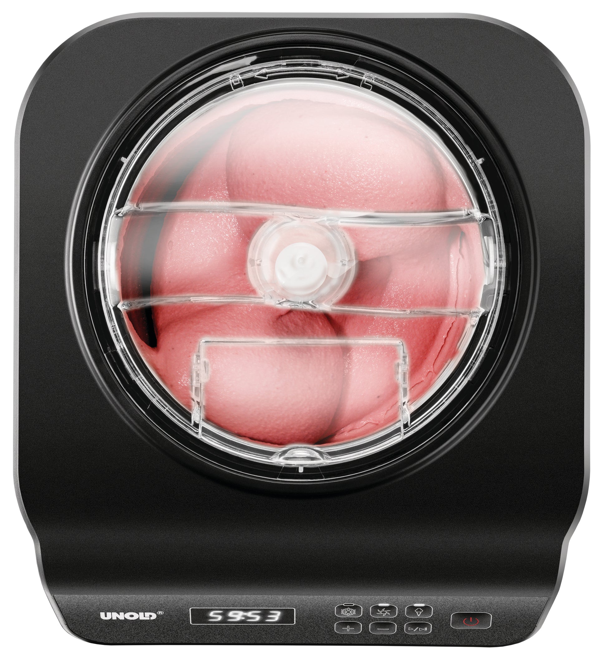 Draufsicht auf die Unold Eismaschine Uno inklusive Eisbuch 1,2 L in Schwarz. Durch den transparenten Deckel ist das Rühren von rosa Eis sichtbar. Das Bedienfeld mit Digitalanzeige und Tasten befindet sich an der Vorderseite.