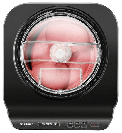 Draufsicht auf die Unold Eismaschine Uno inklusive Eisbuch 1,2 L in Schwarz. Durch den transparenten Deckel ist das Rühren von rosa Eis sichtbar. Das Bedienfeld mit Digitalanzeige und Tasten befindet sich an der Vorderseite.
