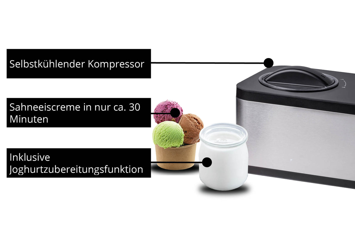 Die Unold Eismaschine & Joghurtbereiter EVA, eine Eismaschine aus rostfreiem Stahl mit Griff, ist mit einer Schüssel mit drei Schaufeln und einem Joghurtbecher ausgestattet. Eigenschaften: selbstkühlender Kompressor, stellt Eis in 30 Minuten her, mit Joghurtzubereitungsfunktion.