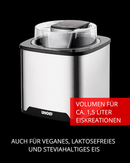 Auf schwarzem Hintergrund ist eine silber-schwarze Unold Eismaschine Gelato inklusive Eisbuch 1,5 L mit transparentem Deckel abgebildet. Der Text hebt das Fassungsvermögen von 1,5 Litern und die Eignung für veganes, laktosefreies und Stevia-Eis hervor.