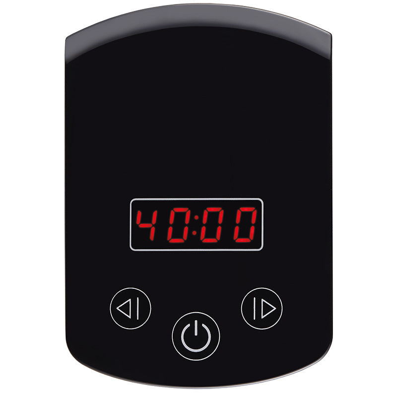 Die Unold Eismaschine Gelato inklusive Eisbuch 1,5 L verfügt über einen schwarzen digitalen Timer mit einer roten LED-Anzeige bis 40:00 und drei Touch-Tasten für Power, Play/Pause und Anpassung.