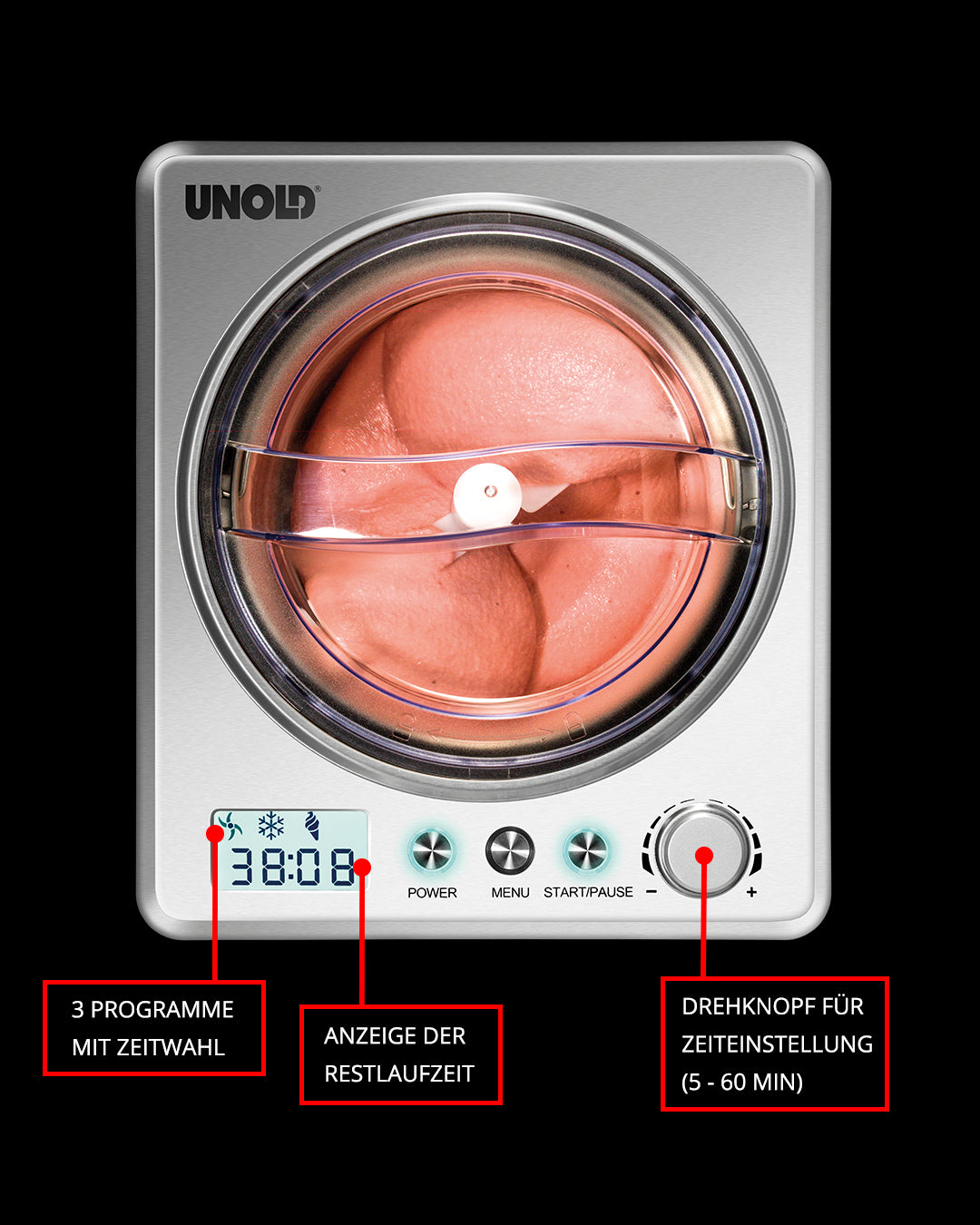 Draufsicht der Unold Eismaschine Profi 2 L mit transparentem Deckel, rosa Eiscreme im Inneren und Anzeigefeld mit Uhrzeit und Symbolen. Rote Beschriftungen weisen auf Programmoptionen, Timeranzeige und Drehknopf zur Zeiteinstellung hin.