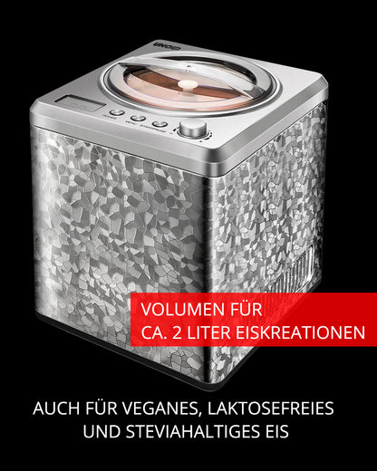 Ausgestellt ist die Unold Eismaschine Profi 2 L im Silber-Glas-Design mit Mosaik-Finish. Der Text hebt das Fassungsvermögen von 2 Litern und die Eignung für veganes, laktosefreies und mit Stevia gesüßtes Eis hervor.