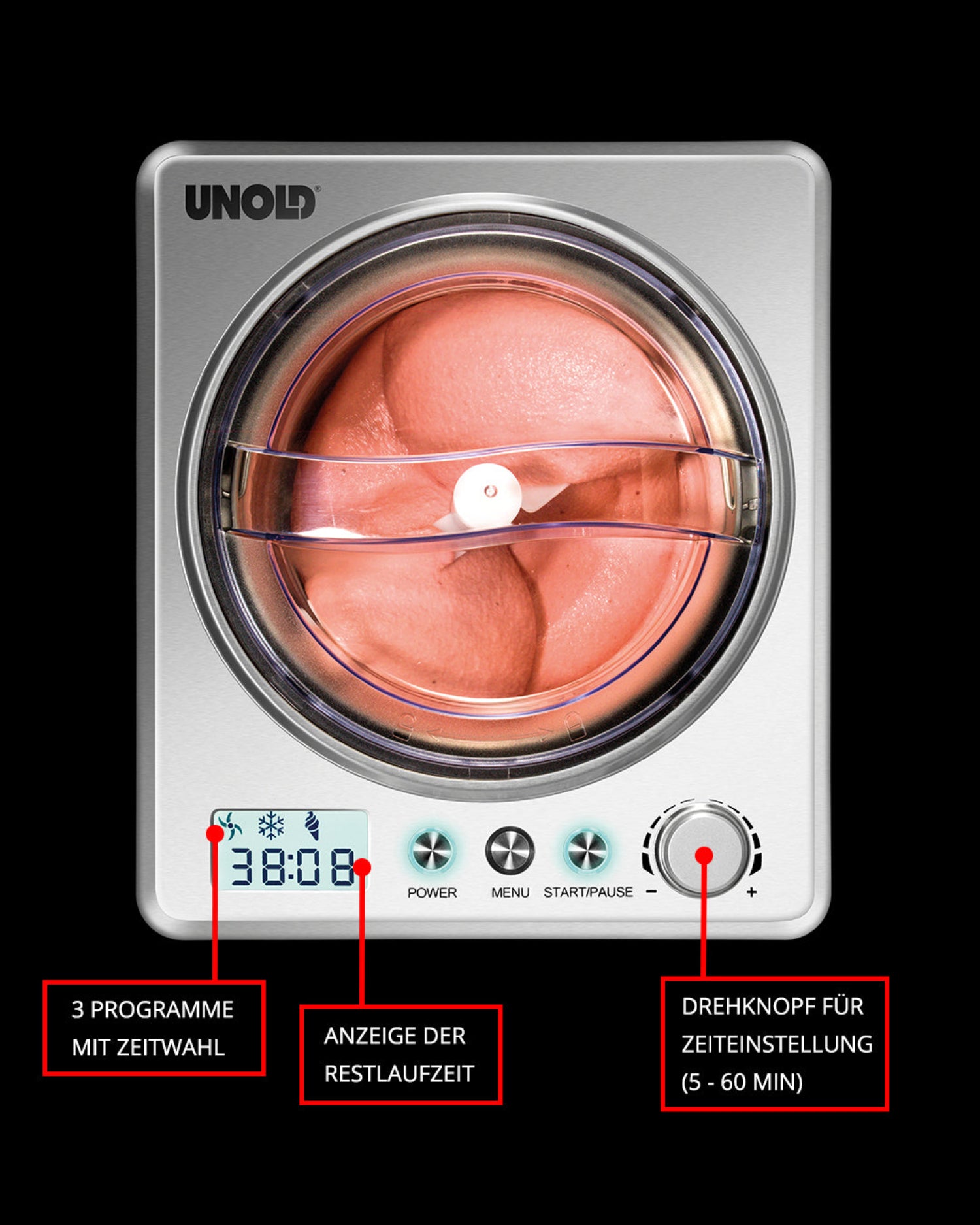 Draufsicht der Unold Eismaschine Profi inklusive Eisbuch 2L in Silber mit rosa Eiscreme darin, einer Digitalanzeige mit 38:08, beschrifteten Tasten und roten Pfeilen, die drei Hauptfunktionen auf Deutsch hervorheben.