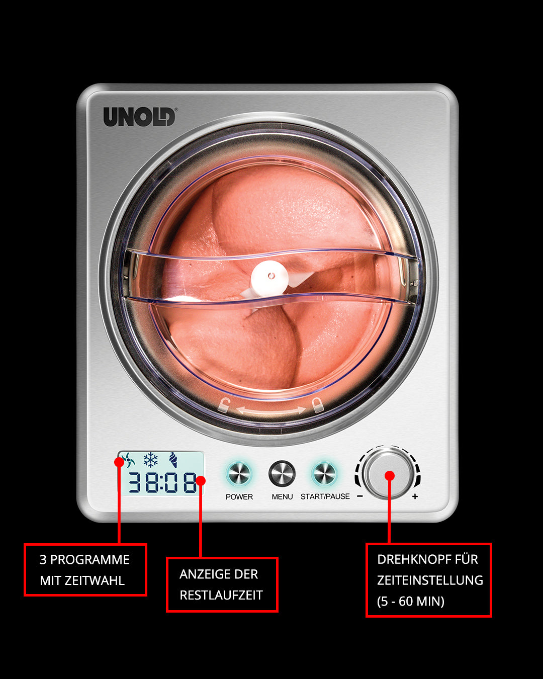 Draufsicht der Unold Eismaschine Exklusiv 2 L mit rosa Eiscreme im Inneren, Digitalanzeige mit 38 Minuten, Tasten für Power, Menü, Start/Pause und deutschen Beschriftungen mit Beschreibungen der Funktionen und Bedienelemente.