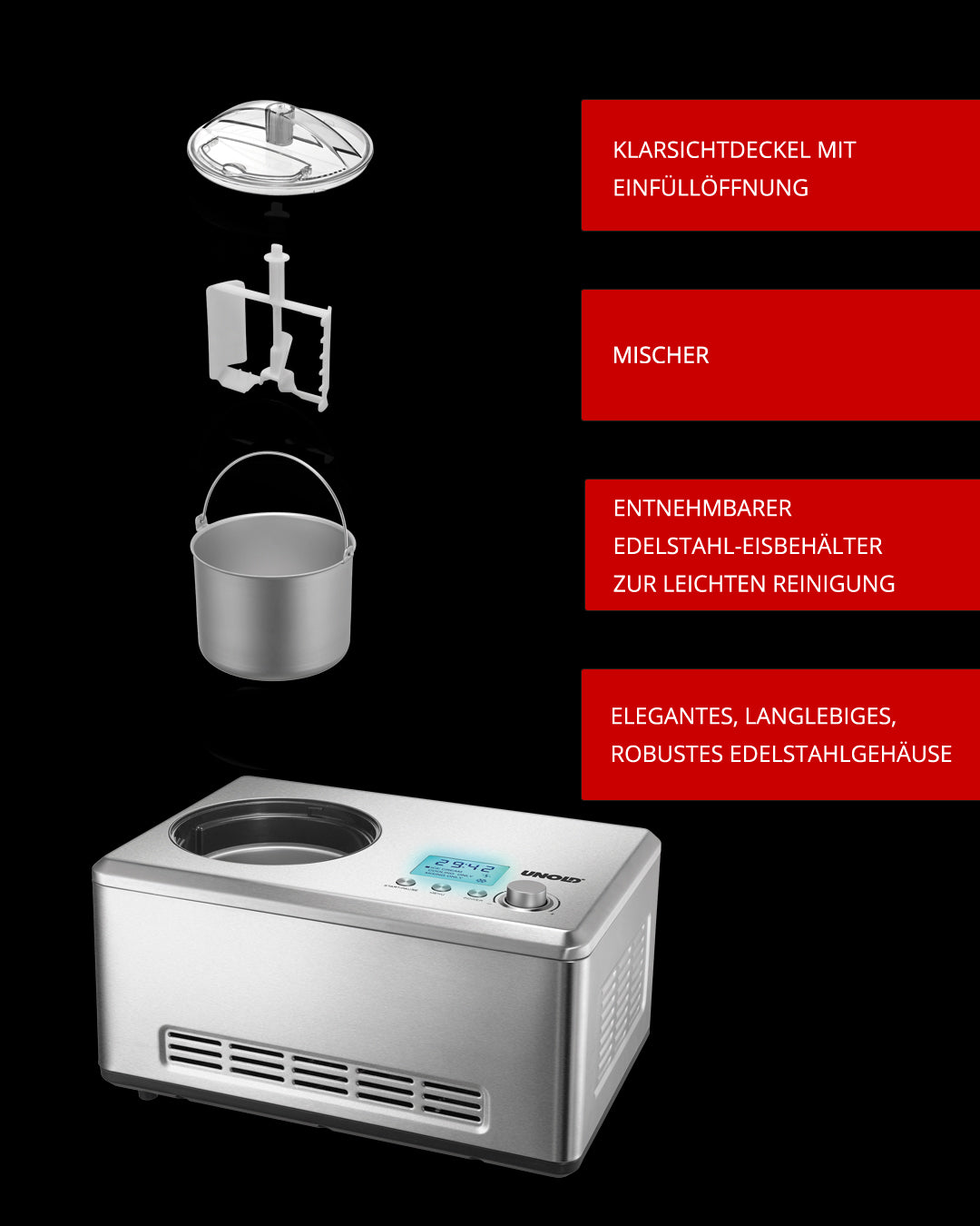 Die Explosionszeichnung der Unold  Eismaschine Nobile 2 L zeigt einen transparenten Deckel, einen Mixer, einen abnehmbaren Eisbehälter aus Edelstahl und ein Hauptgehäuse aus Edelstahl mit deutschen Etiketten, die jedes Merkmal hervorheben.
