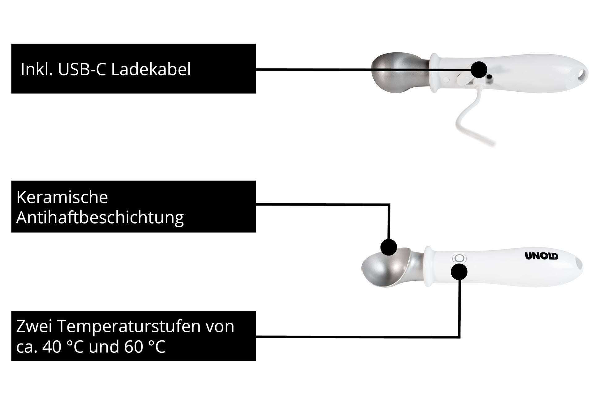 Abgebildet sind zwei weiße Unold Beheizte Eisportionierer Carlo mit Metallspitzen, keramischer Antihaftbeschichtung, USB-C-Ladekabel und zwei Temperaturstufen (ca. 40°C & 60°C). Das Unold-Markenlogo ist sichtbar.