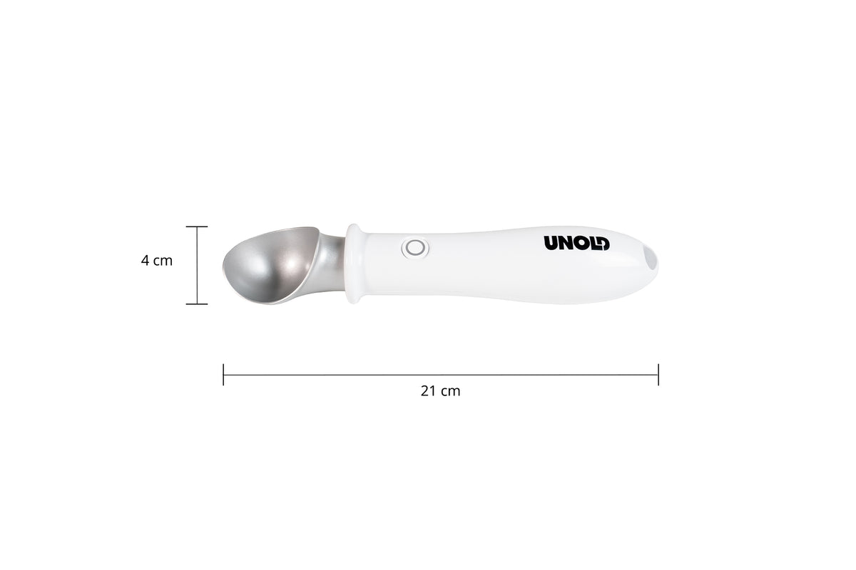 Der Beheizte Eisportionierer Carlo von Unold ist ein weißer elektrischer Eisportionierer mit Metallkopf, 21 cm lang und 4 cm breit. Das Produkt ist auf weißem Hintergrund mit Maßangaben abgebildet.