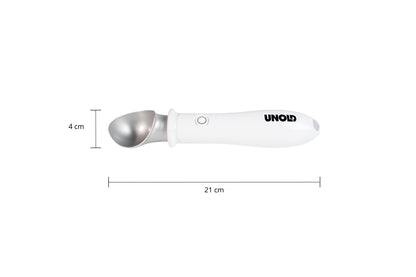 Der Beheizte Eisportionierer Carlo von Unold ist ein weißer elektrischer Eisportionierer mit Metallkopf, 21 cm lang und 4 cm breit. Das Produkt ist auf weißem Hintergrund mit Maßangaben abgebildet.