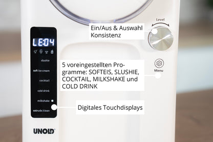 Nahaufnahme des Bedienfelds der Unold 2in1-Slush- und Softeismaschine Sofie mit einer digitalen Anzeige mit der Aufschrift „LE04“. Beschriftete Tasten und ein Drehregler bieten Voreinstellungen für Softeis, Slush, Cocktail, Milchshake und Kaltgetränk.