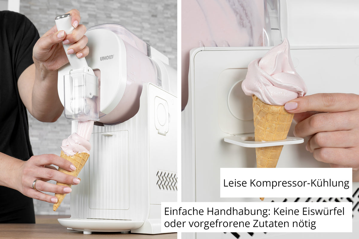 Eine Person gibt rosa Softeis aus einer weißen Unold Slusheismaschine Sofia in eine Waffeltüte ab. Der deutsche Text lautet: Leise Kompressor-Kühlung. Einfache Handhabung: Keine Eiswürfel oder vorgefrorene Zutaten nötig.