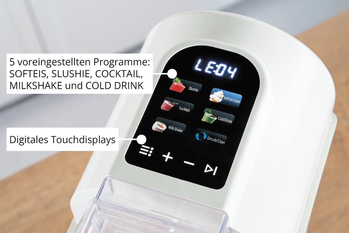 Eine Nahaufnahme der Unold Slusheismaschine Sofia zeigt ihr digitales Touch-Display mit fünf voreingestellten Programmen: Softeis, Slushie, Cocktail, Milkshake und Kaltgetränk. Deutsche Etiketten heben die Display-Funktionen hervor.