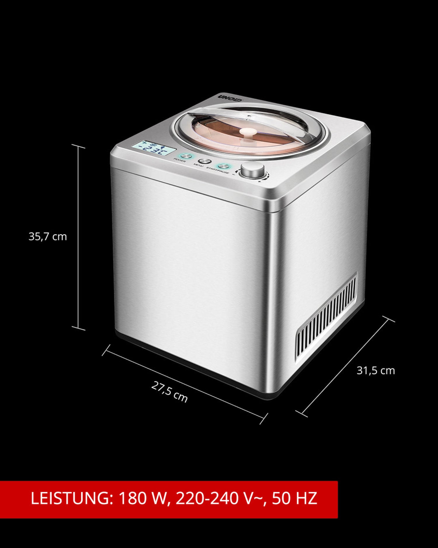 Die Unold Eismaschine Exklusiv inklusive Eisbuch 2 L in Silber mit transparentem Deckel ist auf schwarzem Grund abgebildet. Maße: 35,7 x 27,5 x 31,5 cm (H x B x T). Leistung: 180 W, 220–240 V~, 50 Hz.