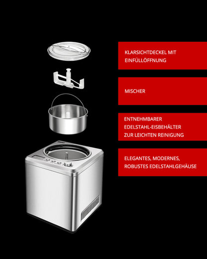 Die Unold Eismaschine Exklusiv inklusive Eisbuch 2 L verfügt über einen transparenten Deckel, einen Mixer, einen herausnehmbaren Edelstahl-Eisbehälter und ein modernes Edelstahlgehäuse. Rote Etiketten beschreiben jedes Teil auf schwarzem Hintergrund.