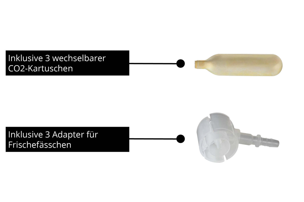Zwei beschriftete Produktbilder der Unold Bierzapfanlage Franzl: oben eine CO2-Kartusche mit „Inklusive 3 wechselbarer CO2-Kartuschen“, unten ein weißer Adapter mit „Inklusive 3 Adapter für Frischefässchen“.