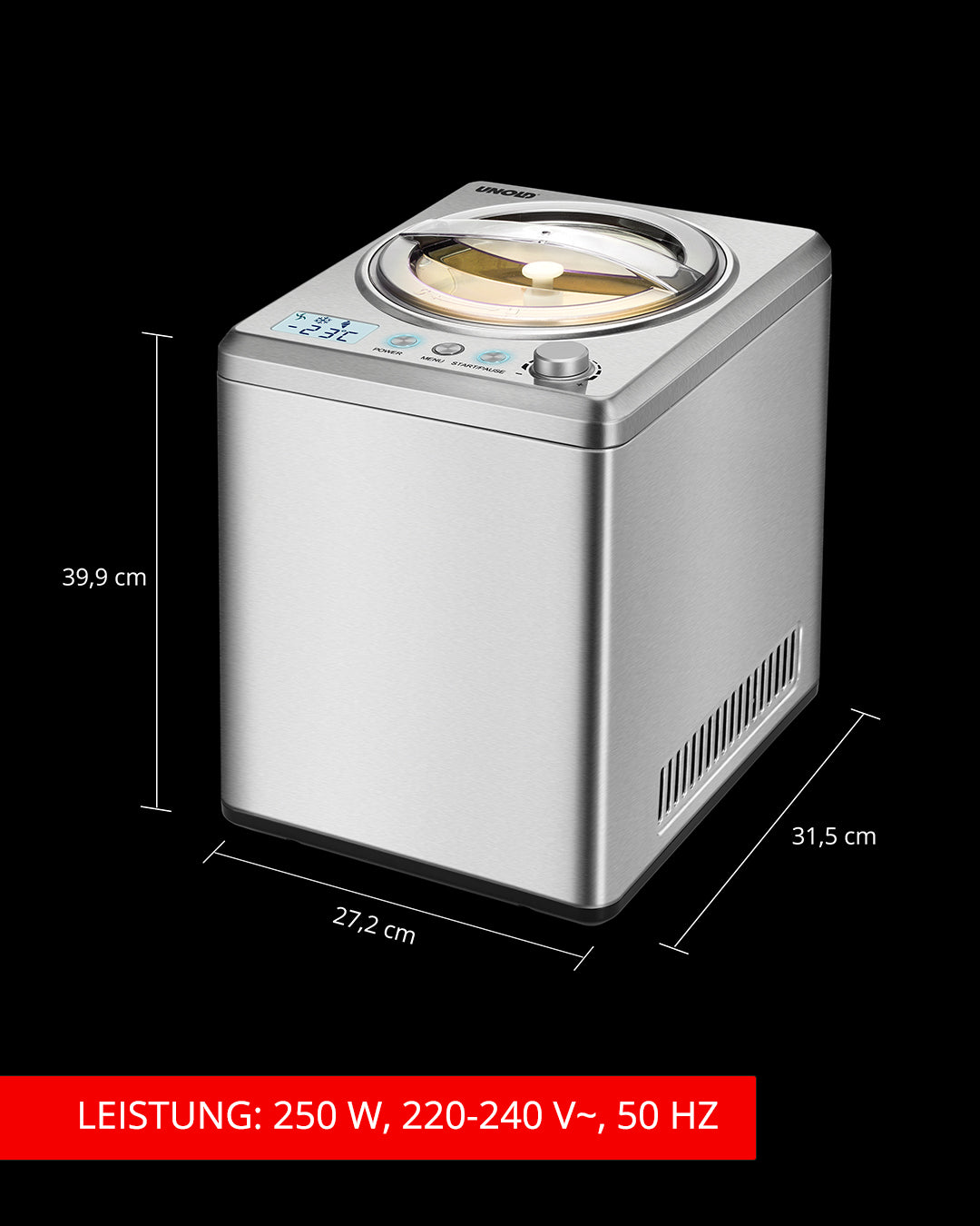 Eine silberne Unold Eismaschine Profi Plus inklusive Eisbuch (2,5 l) mit digitaler Steuerung und transparentem Deckel. Maße: 39,9 cm hoch, 27,2 cm breit, 31,5 cm tief. Leistung: 250 W, 220–240 V, 50 Hz (unten rot markiert).
