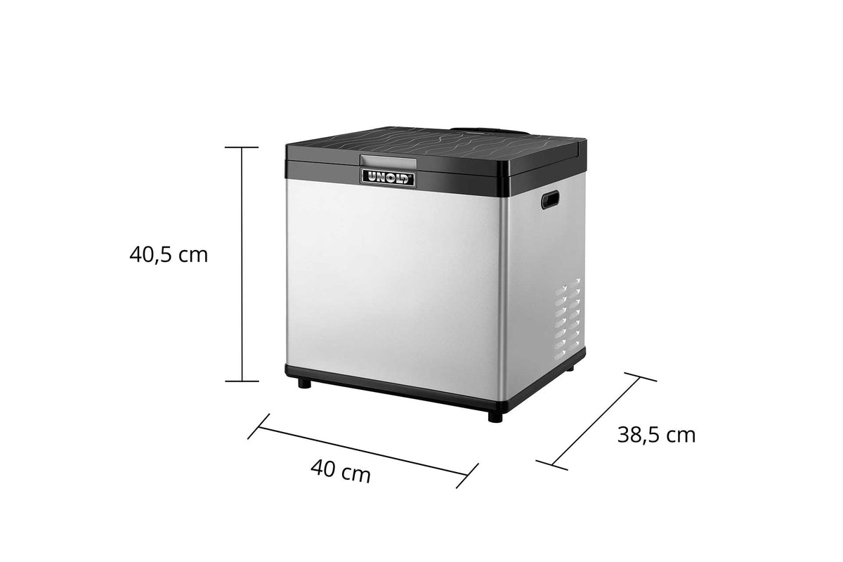 Ein silber-schwarzes, rechteckiges Gerät mit seitlichen Griffen. Die abgebildeten Abmessungen sind 40,5 cm hoch, 40 cm breit und 38,5 cm tief. Die Oberseite hat einen strukturierten Deckel und ein Bedienfeld auf der Vorderseite.