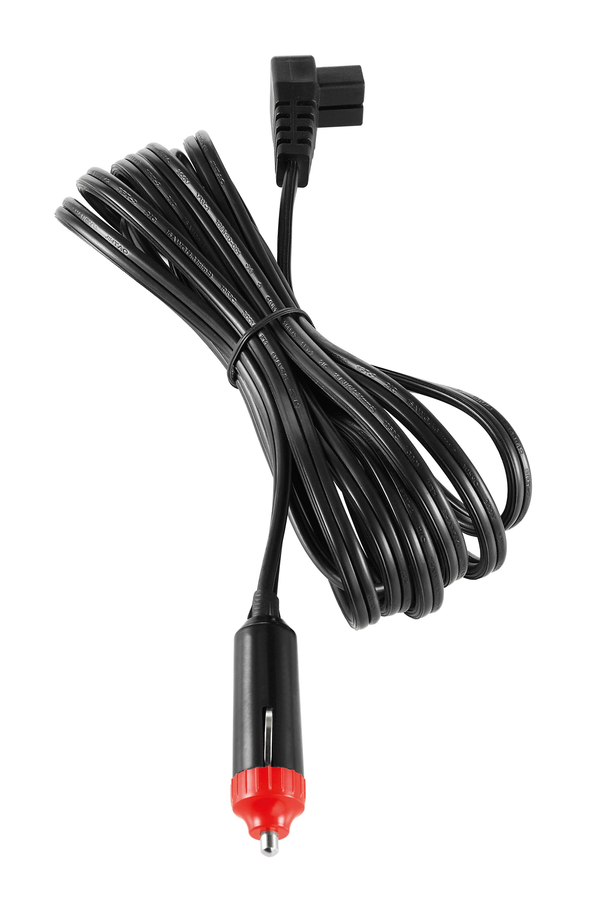 Ein gewickeltes schwarzes Stromkabel für die Unold Kühl-/Gefrierbox Mobil verfügt an einem Ende über einen Zigarettenanzünderstecker mit roter Spitze und am anderen Ende über einen schwarzen Winkelstecker, abgebildet vor einem weißen Hintergrund.