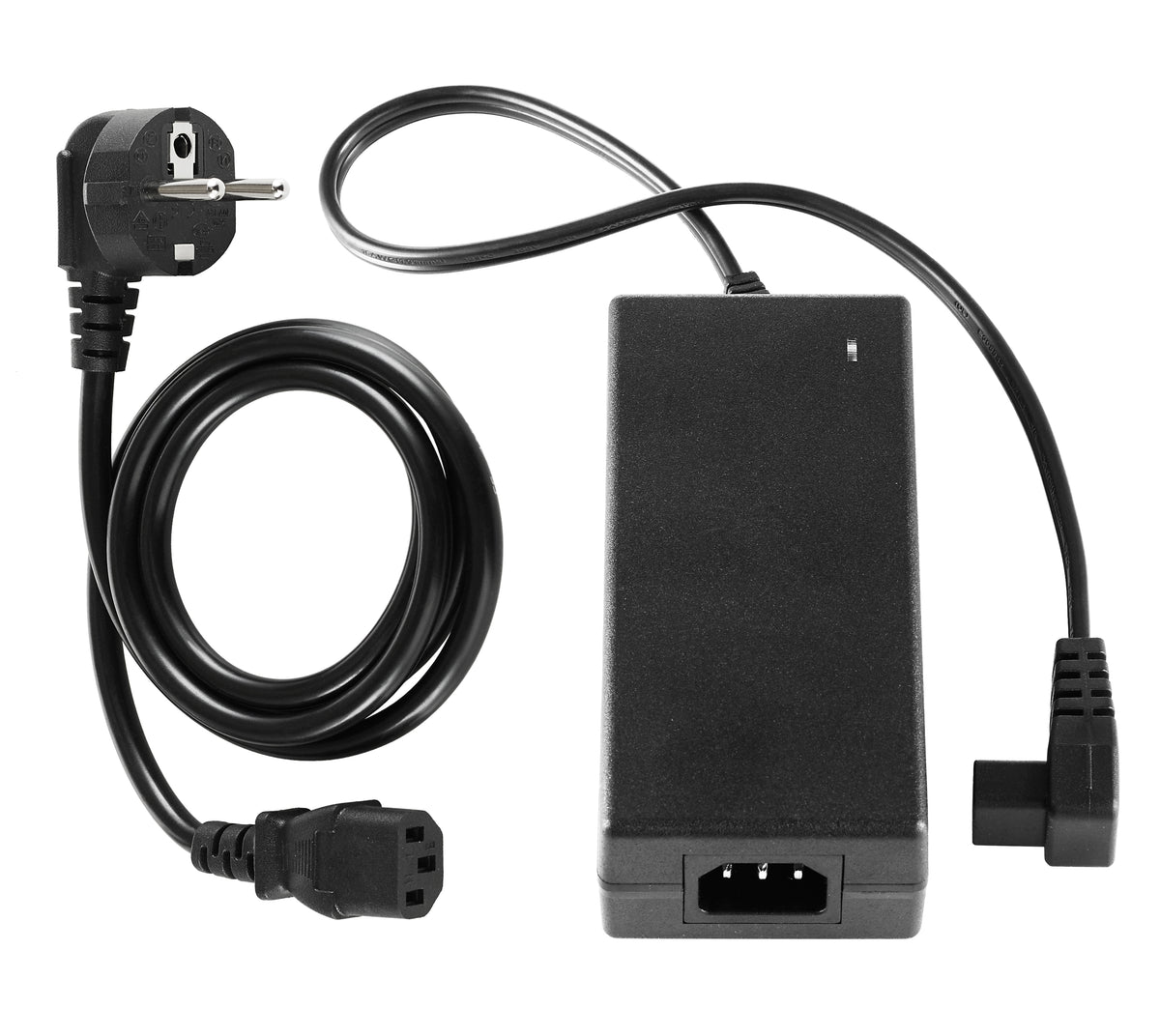 Die Unold Kühl-/Gefrierbox Mobil wird mit einem schwarzen, rechteckigen Netzteil und einem abnehmbaren Eurostecker geliefert. Das Netzteil verfügt über eine Standard-Eingangsbuchse und einen abgewinkelten Ausgangskabelstecker.