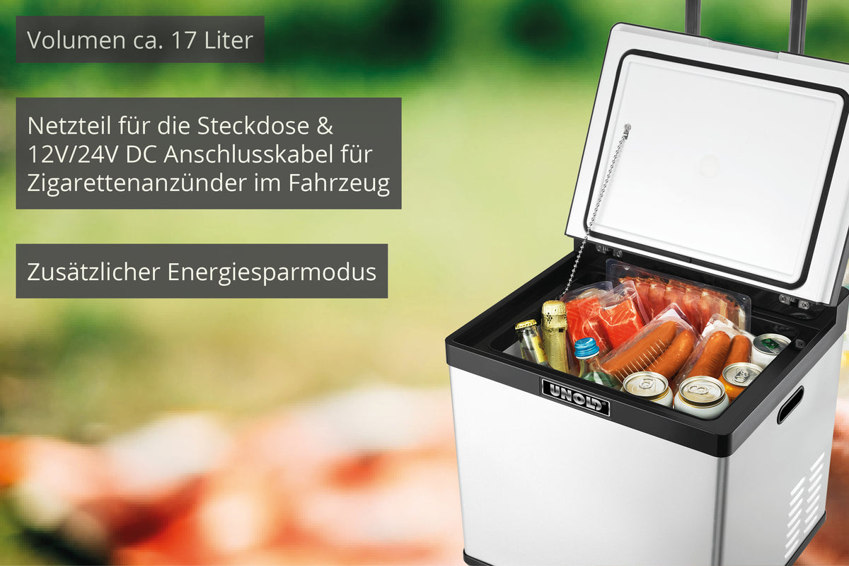 Die Unold Kühl-/Gefrierbox Mobil ist eine tragbare elektrische Kühlbox mit 17 Litern Fassungsvermögen, offenem Deckel und gefüllt mit Getränken und Lebensmitteln. Zu den Highlights zählen verschiedene Stromversorgungsmöglichkeiten und ein Energiesparmodus.