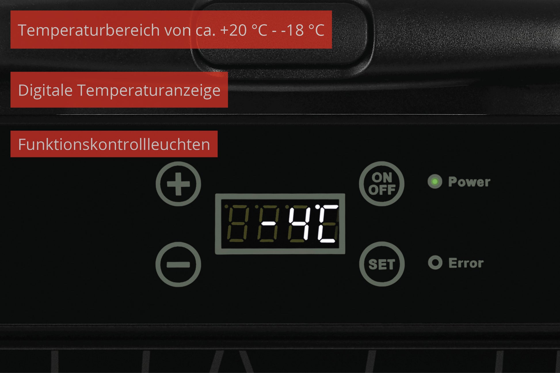 Nahaufnahme des digitalen Bedienfelds der Unold Kühl-/Gefrierbox Mobil mit -4 °C-Anzeige, beschrifteten Tasten und Kontrollleuchten. Der deutsche Text erklärt Temperaturbereich, Digitalanzeige und Funktionssteuerung.