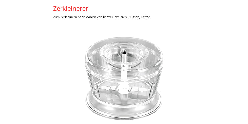 Das Unold ESGE-Zauberstab Bundle E 120 Select Anthrazit enthält einen Zerkleinerungsaufsatz aus durchsichtigem Kunststoff zum Hacken oder Mahlen von Gewürzen, Nüssen oder Kaffee - auf Deutsch: Zerkleinerer genannt.
