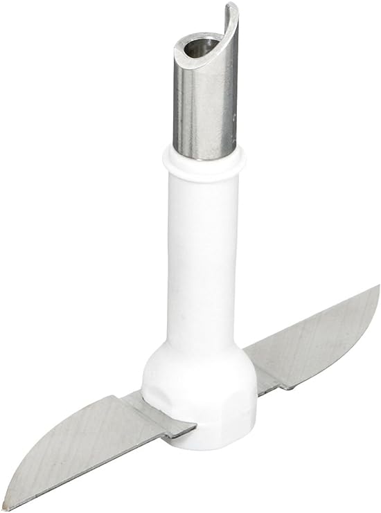 Der Unold ESGE-Zauberstab Zerkleinerer ist ein Messeraufsatz für Küchenmaschinen mit zwei scharfen, gebogenen Klingen aus Edelstahl und einem zentralen Schaft aus weißem Kunststoff.