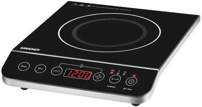Die Unold Einzel-Induktionskochplatte 581051 von Unold AG ist ein schwarzes und rostfreies Induktionskochfeld mit kreisförmiger Kochzone, digitalem Display (zeigt 1200) und Touch-Bedienung für Leistung, Timer und Temperatur.
