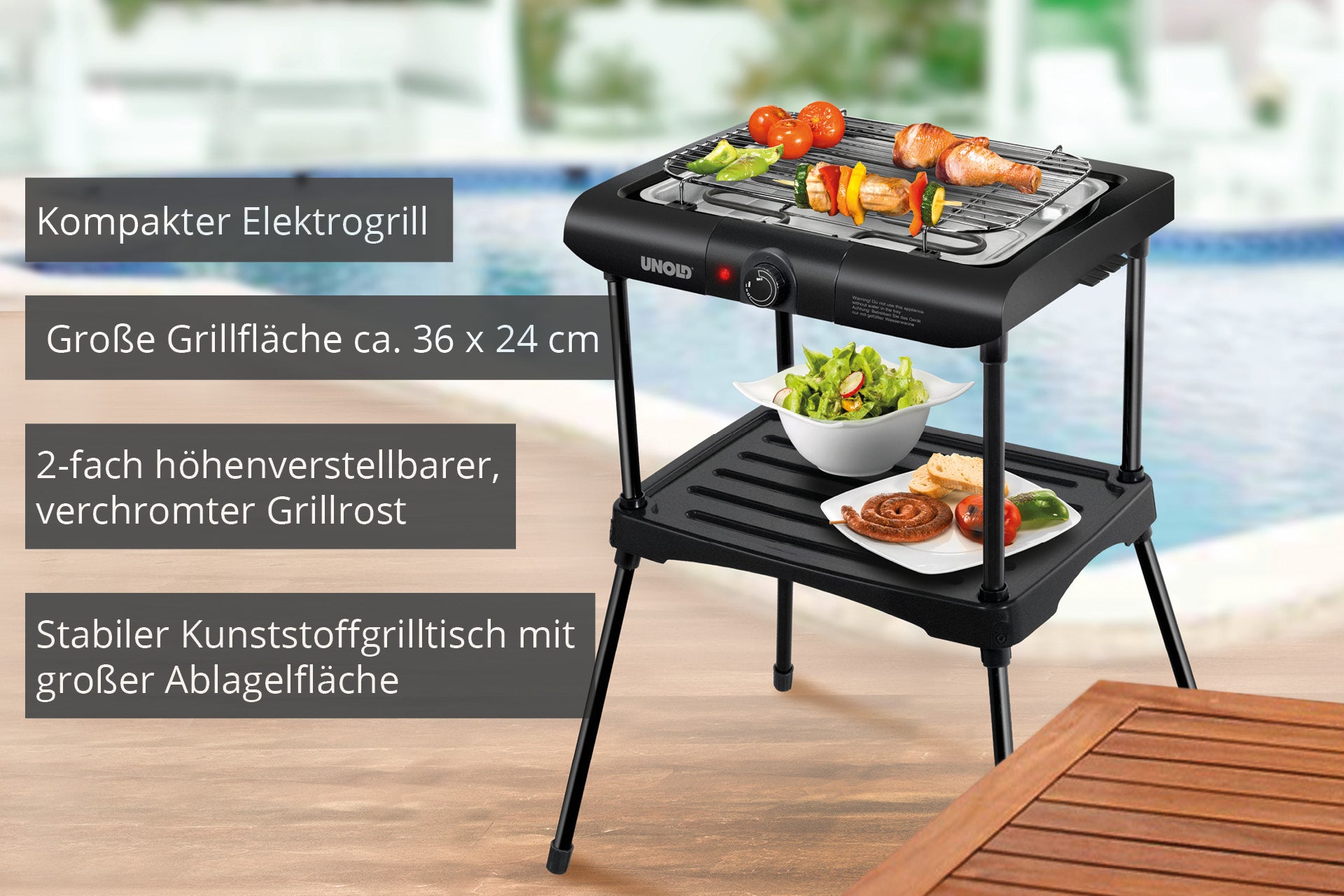Der Unold Barbecue-Grill Black Rack ist ein kompakter Elektrogrill, der durch einen Pool mit Grillgut auf dem Rost dargestellt wird. Er verfügt über eine ca. 36 x 24 cm große Grillfläche, zwei verstellbare Grillebenen und eine stabile Kunststoffablage darunter für ausreichend Stauraum.