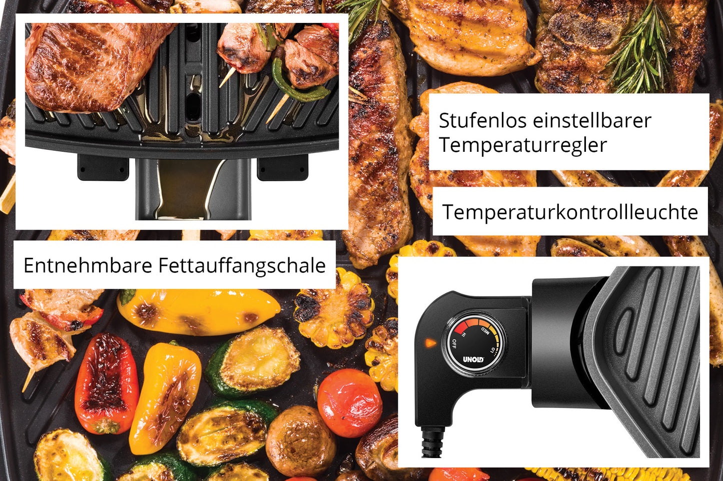 Eine Nahaufnahme des Unold Barbecue Power Grills zeigt das Garen von Fleisch und Gemüse. Die Beschriftungen weisen auf die herausnehmbare Fettauffangschale, die einstellbare Temperaturregelung und die Temperaturanzeige hin.
