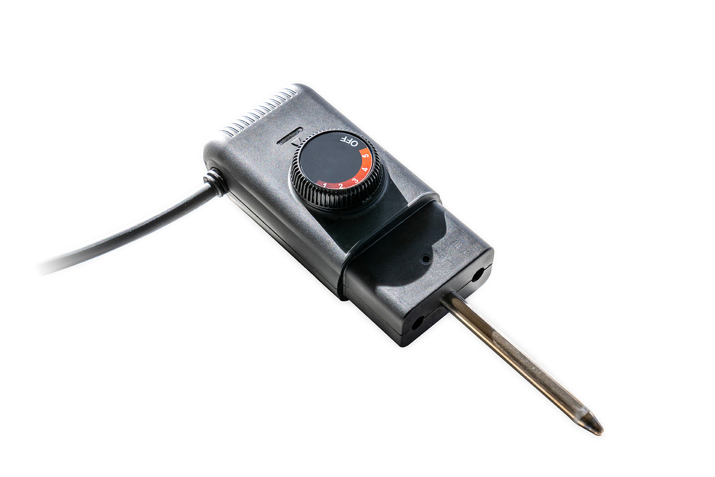 Der Unold BBQ-Stand-/Tischgrill Jimmy verfügt über einen schwarzen elektrischen Temperaturregler mit Drehregler, Metallsonde und angeschlossenem Netzkabel, alles vor weißem Hintergrund.