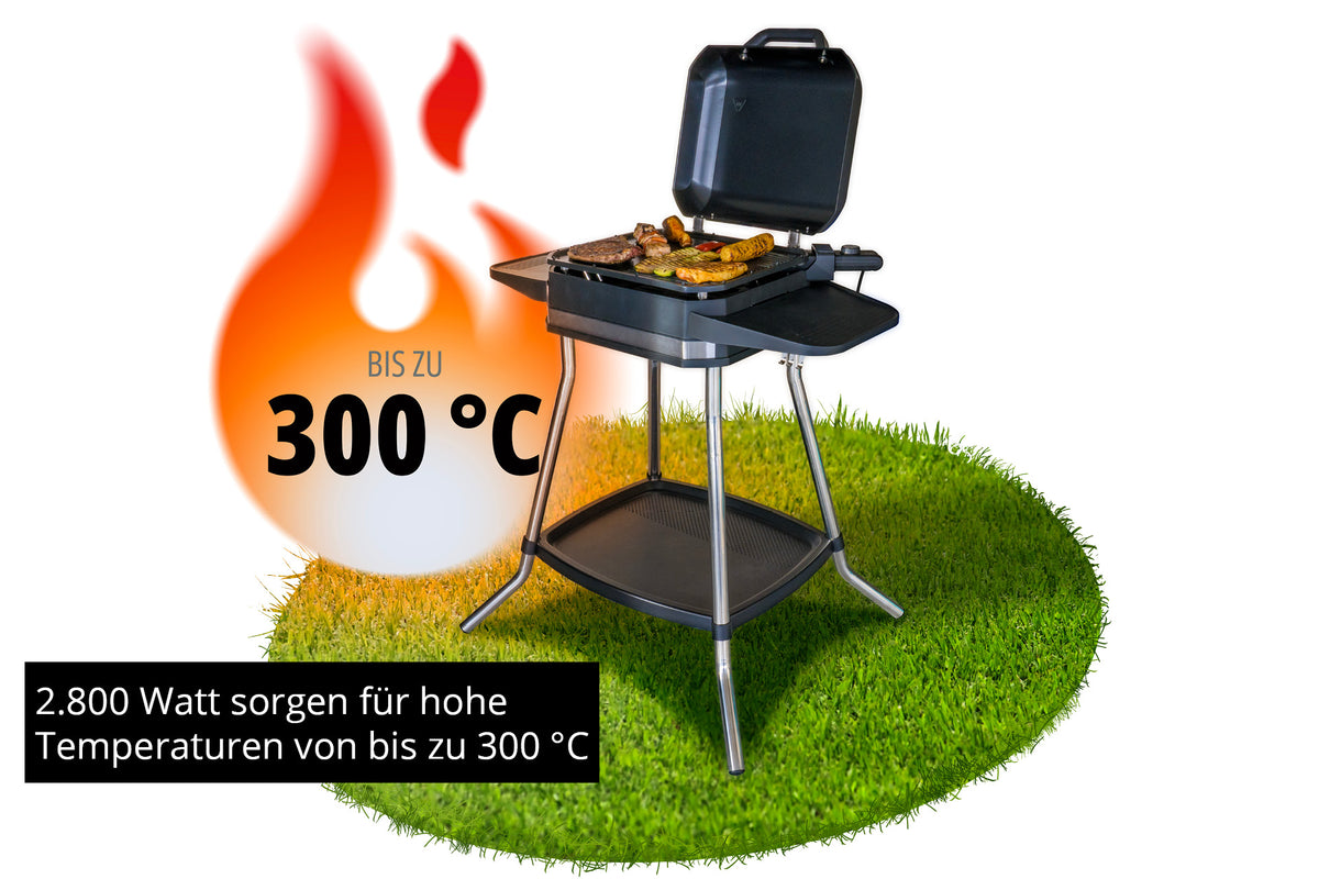 Der Unold BBQ-Stand-/Tischgrill Jimmy gart Fleisch und Gemüse auf einer Rasenfläche und erreicht dabei mit kraftvollen 2.800 Watt bis zu 300°C – perfekt zum Hochtemperaturgrillen.