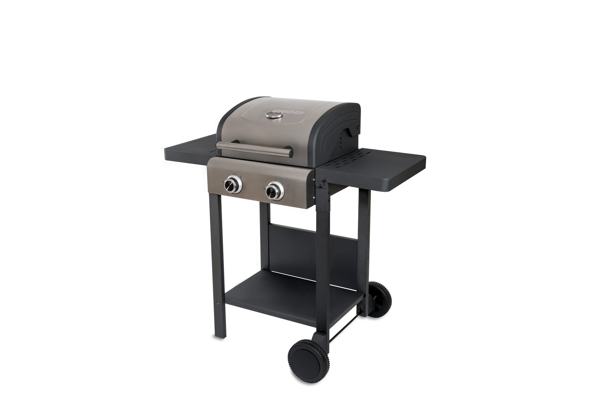Der Unold Barbecue Grill-Wagen Buddy ist ein zweiflammiger Gasgrill mit Deckel, Seitenablage, Bedienknöpfen, unterer Ablagefläche und zwei Rädern für die Mobilität, abgebildet auf weißem Hintergrund.