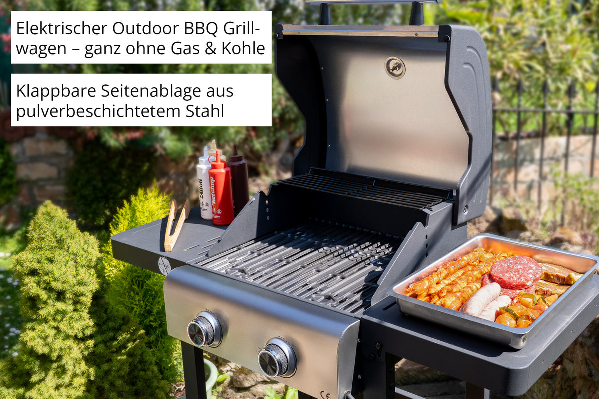 Der Unold Barbecue Grill-Wagen Buddy, ein eleganter elektrischer Outdoor-Grill mit klappbaren Seitenablagen aus Stahl, steht offen in einem Garten. Auf dem Grill befinden sich Utensilien, Soßen und eine Schale mit Gemüse und Fleisch. Der deutsche Text hebt seine Eigenschaften hervor.