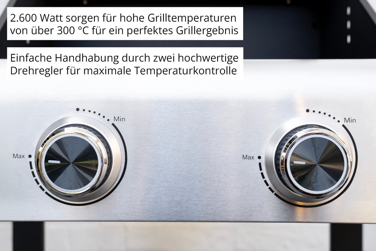 Nahaufnahme von zwei metallischen Temperaturreglern auf dem Unold Barbecue Grill-Wagen Buddy, beschriftet mit Min und Max. Der deutsche Text hebt die hohen Grilltemperaturen und die einfache Bedienung mit den hochwertigen Drehreglern hervor.